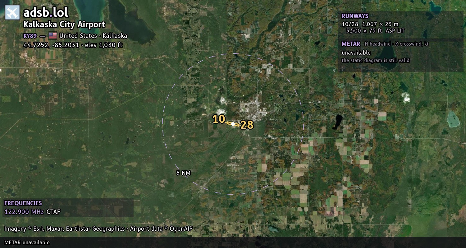Satellite map with the runway layout of Kalkaska City Airport (KY89)