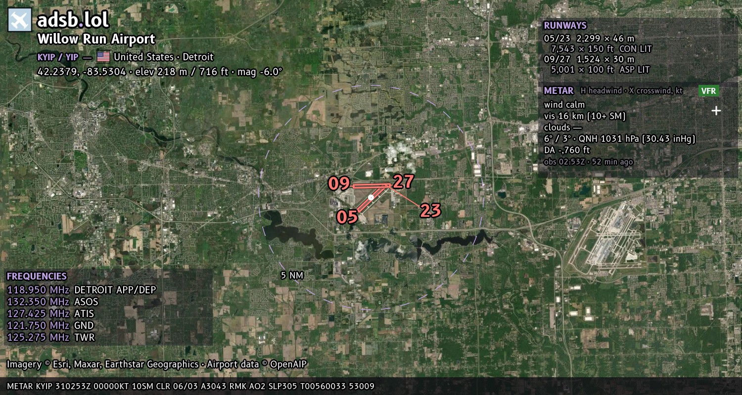 Satellite map with the runway layout of Willow Run Airport (KYIP)