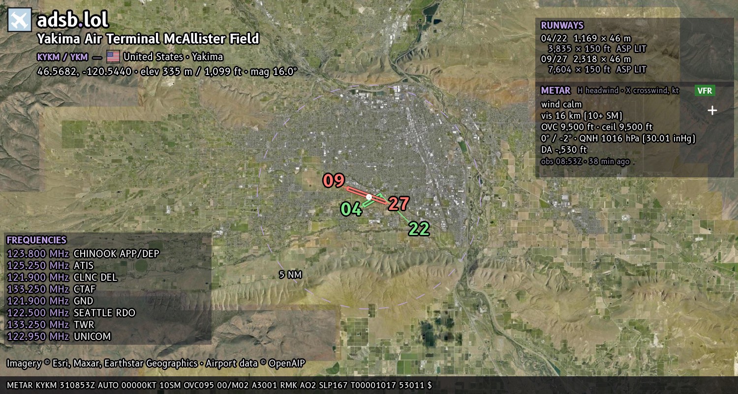 Satellite map with the runway layout of Yakima Air Terminal McAllister Field (KYKM)