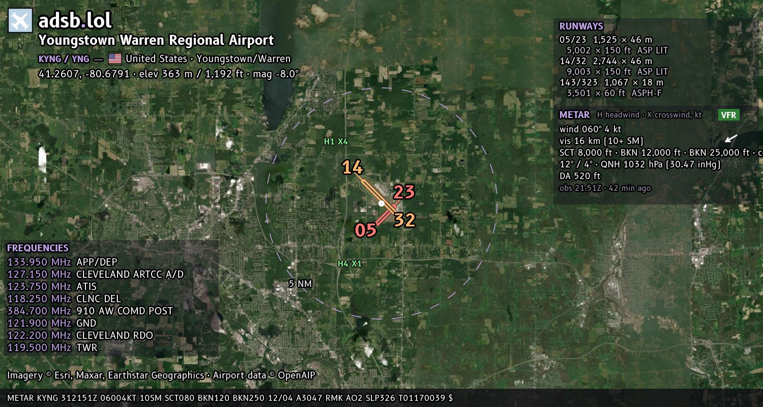 Satellite map with the runway layout of Youngstown Warren Regional Airport (KYNG)