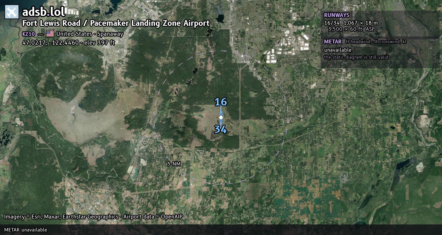 Satellite map with the runway layout of Fort Lewis Road / Pacemaker Landing Zone Airport (KZ10)
