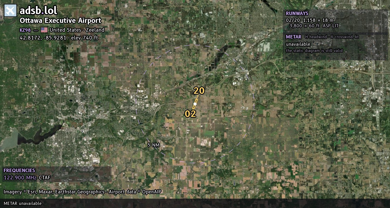 Satellite map with the runway layout of Ottawa Executive Airport (KZ98)