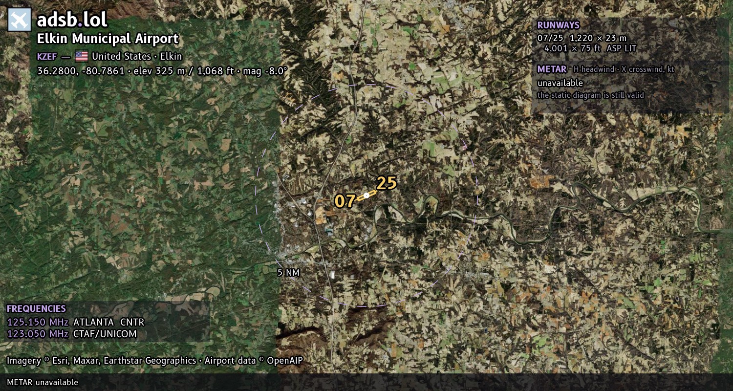 Satellite map with the runway layout of Elkin Municipal Airport (KZEF)