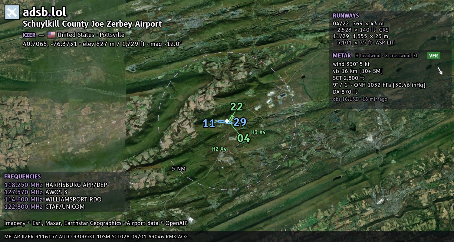 Satellite map with the runway layout of Schuylkill County Joe Zerbey Airport (KZER)