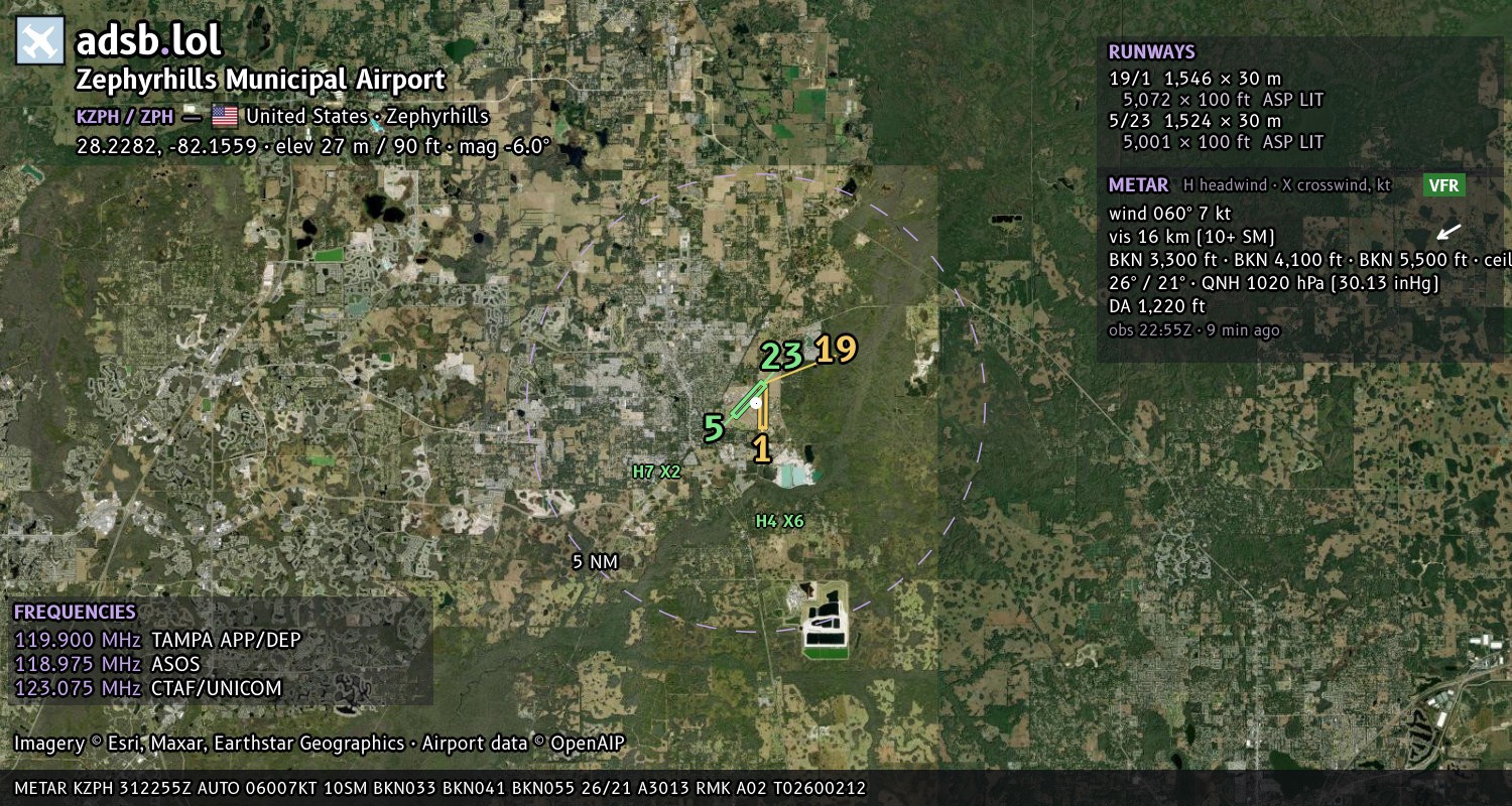 Satellite map with the runway layout of Zephyrhills Municipal Airport (KZPH)