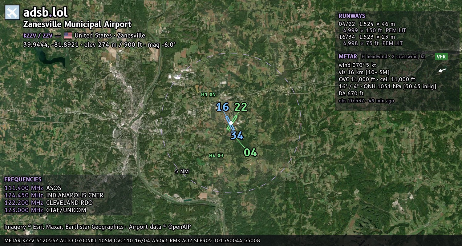 Satellite map with the runway layout of Zanesville Municipal Airport (KZZV)