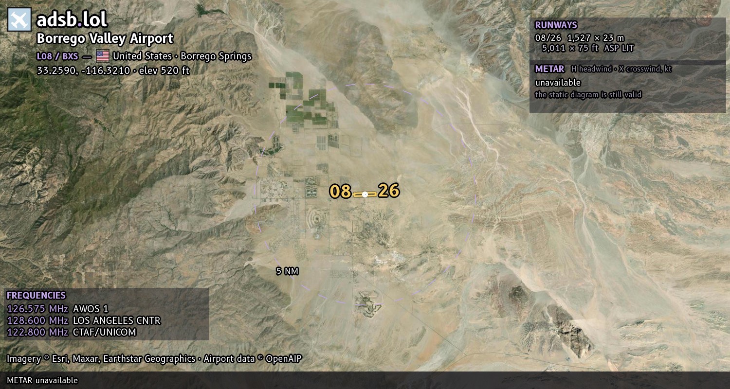 Satellite map with the runway layout of Borrego Valley Airport (L08)