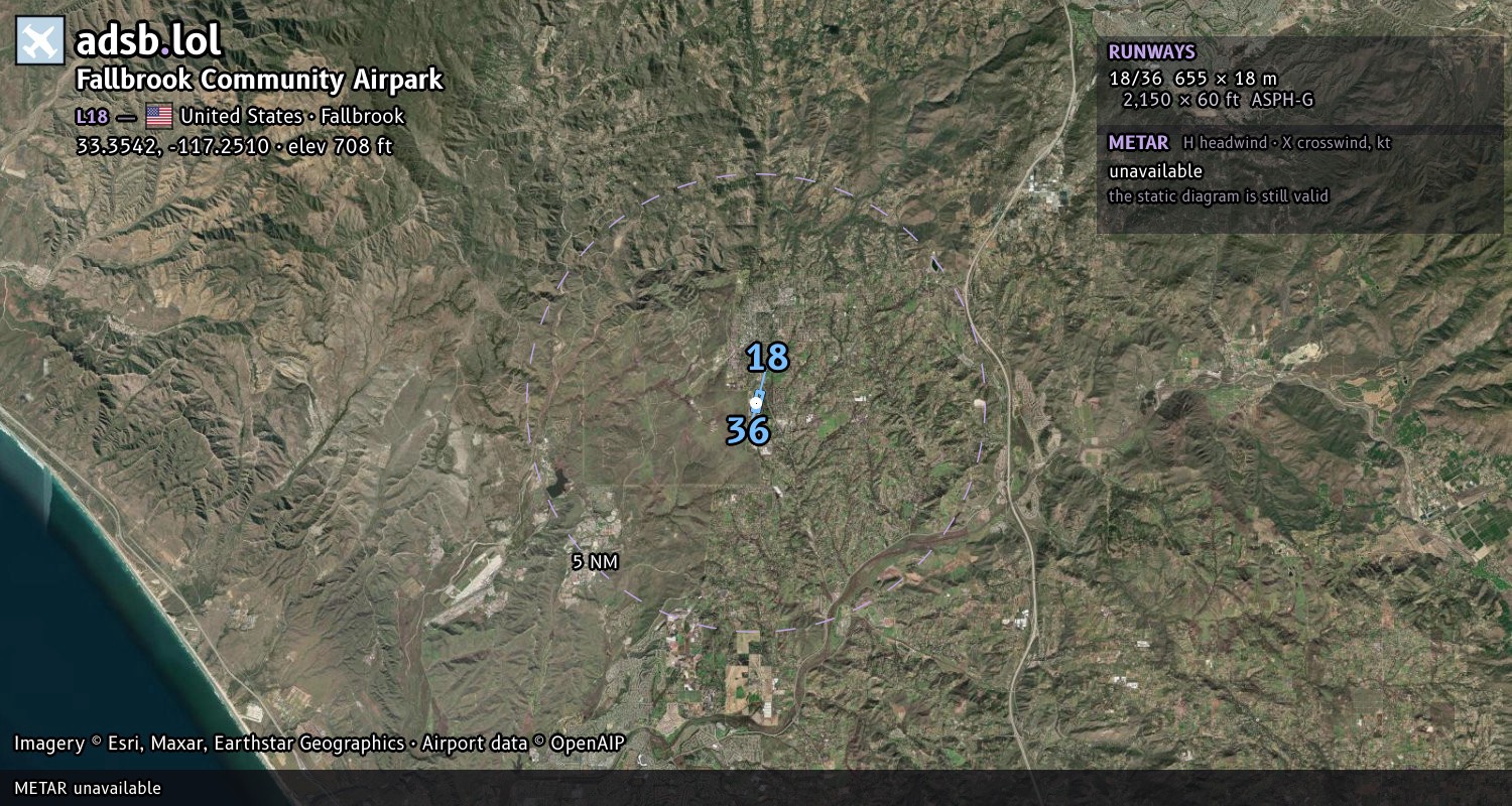 Satellite map with the runway layout of Fallbrook Community Airpark (L18)