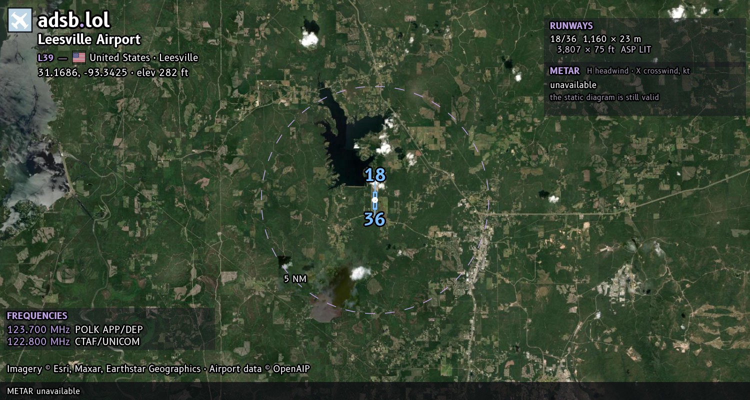 Satellite map with the runway layout of Leesville Airport (L39)