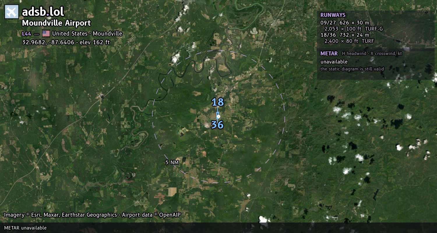 Satellite map with the runway layout of Moundville Airport (L44)