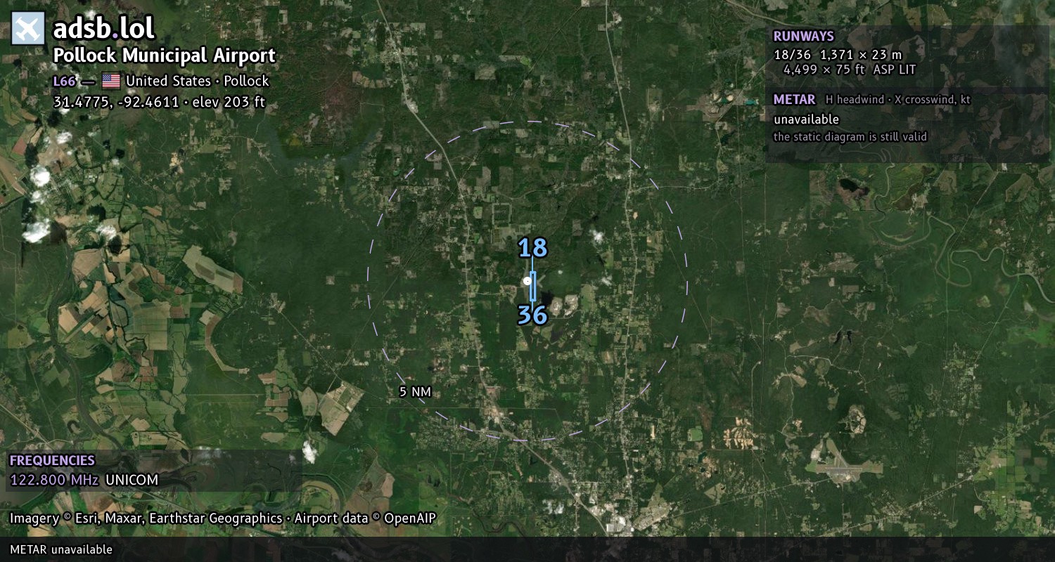 Satellite map with the runway layout of Pollock Municipal Airport (L66)
