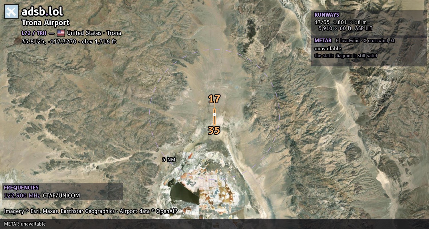 Satellite map with the runway layout of Trona Airport (L72)