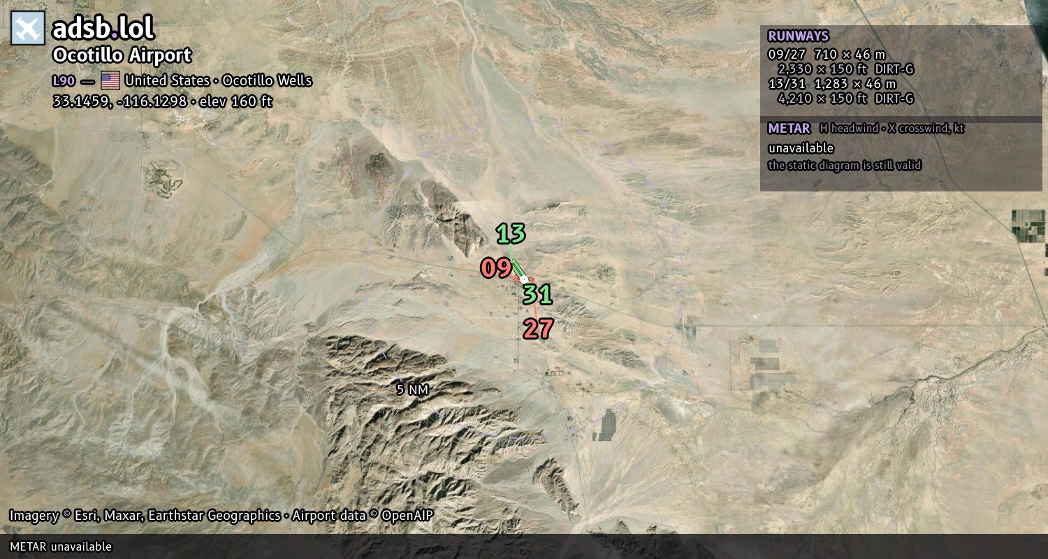 Satellite map with the runway layout of Ocotillo Airport (L90)