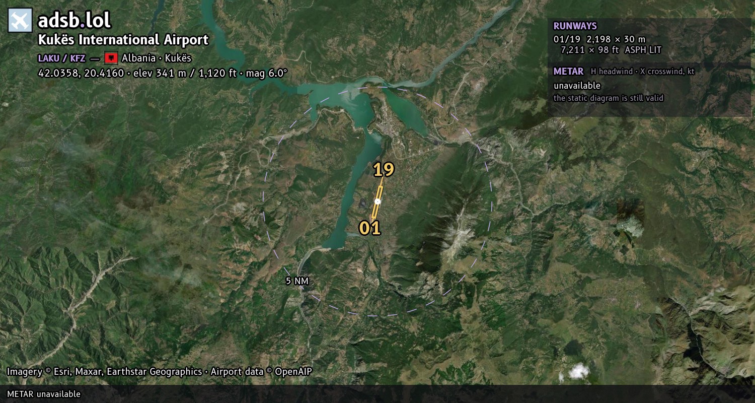 Satellite map with the runway layout of Kukës International Airport (LAKU)