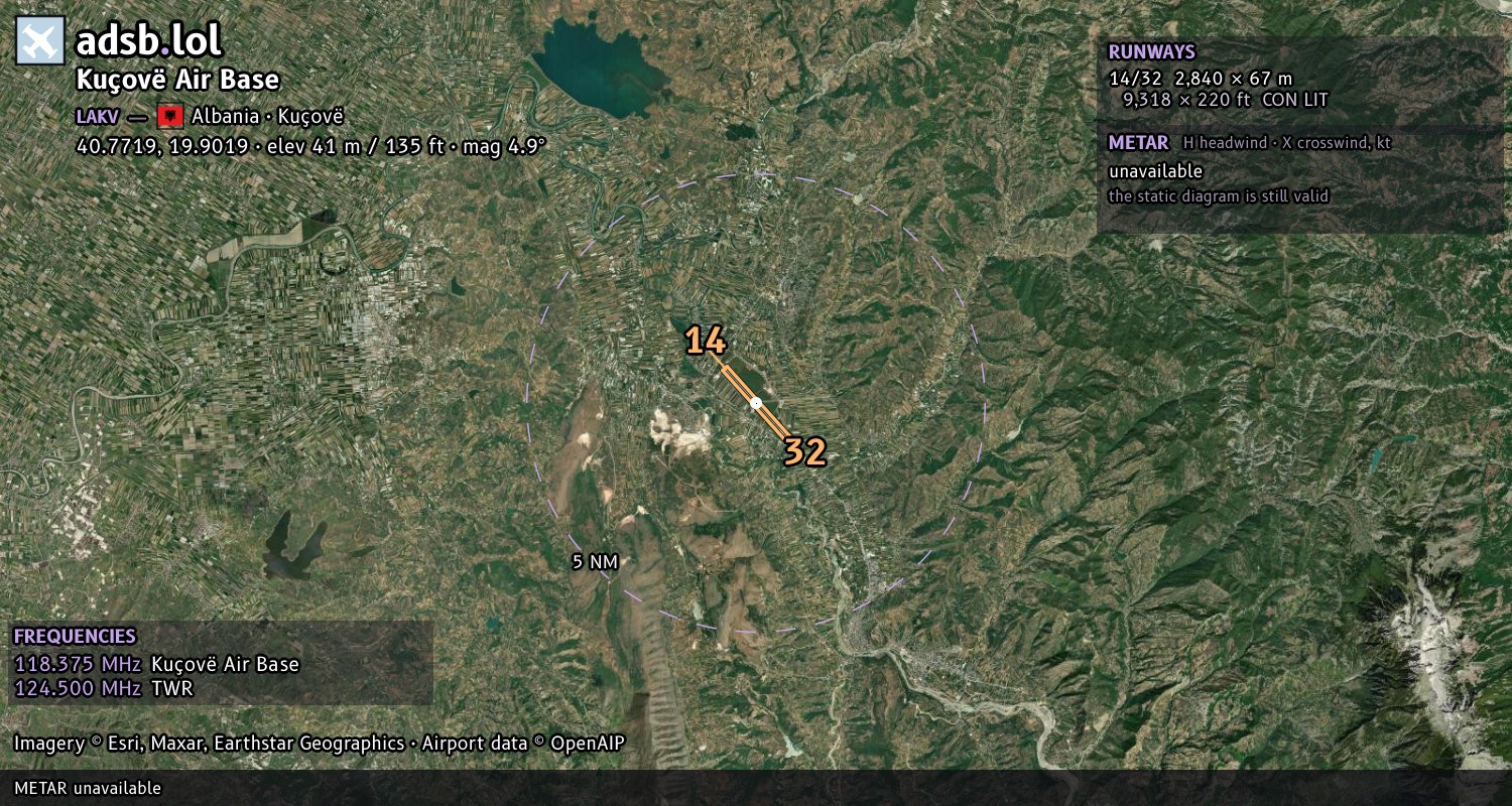 Satellite map with the runway layout of Kuçovë Air Base (LAKV)