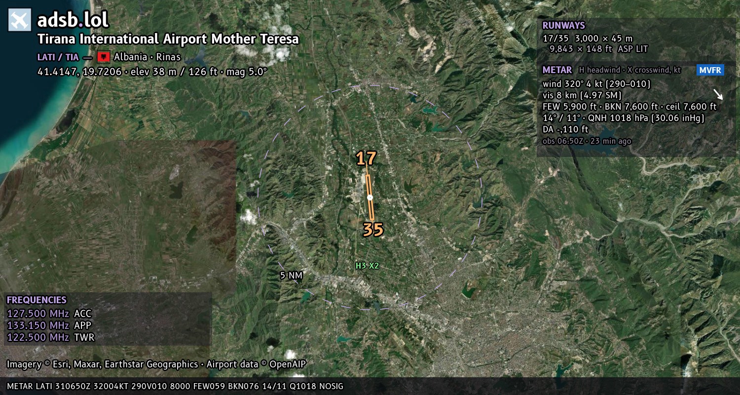 Satellite map with the runway layout of Tirana International Airport Mother Teresa (LATI)