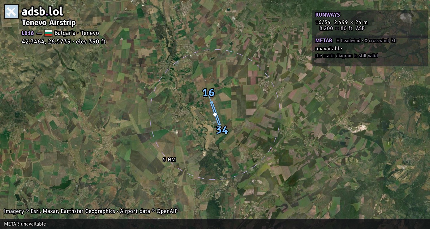 Satellite map with the runway layout of Tenevo Airstrip (LB18)