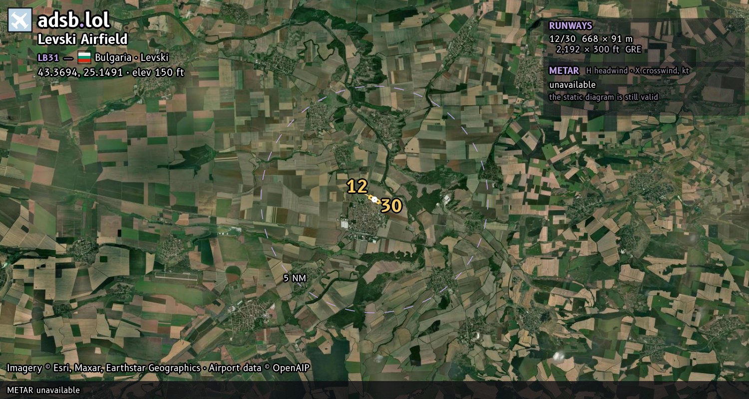 Satellite map with the runway layout of Levski Airfield (LB31)