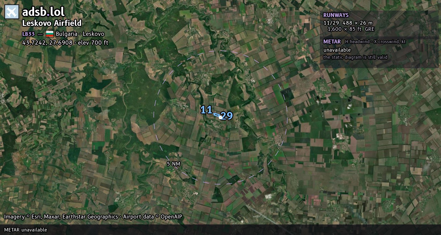 Satellite map with the runway layout of Leskovo Airfield (LB33)