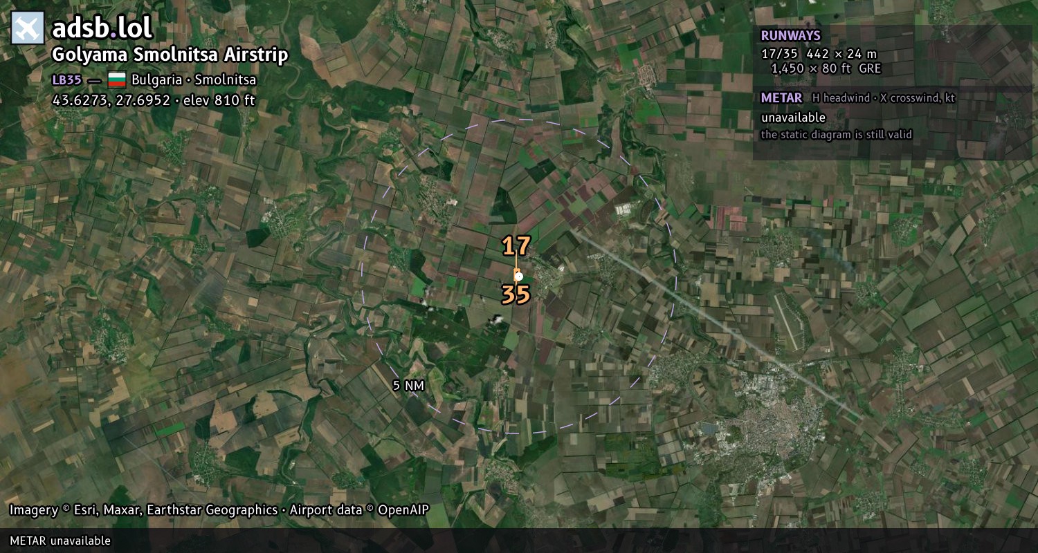 Satellite map with the runway layout of Golyama Smolnitsa Airstrip (LB35)