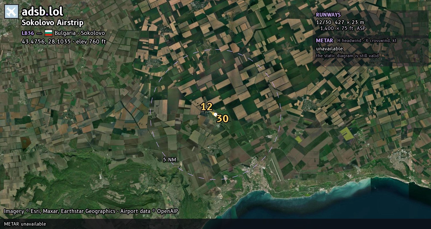 Satellite map with the runway layout of Sokolovo Airstrip (LB36)