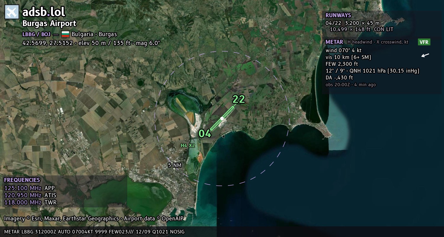Satellite map with the runway layout of Burgas Airport (LBBG)