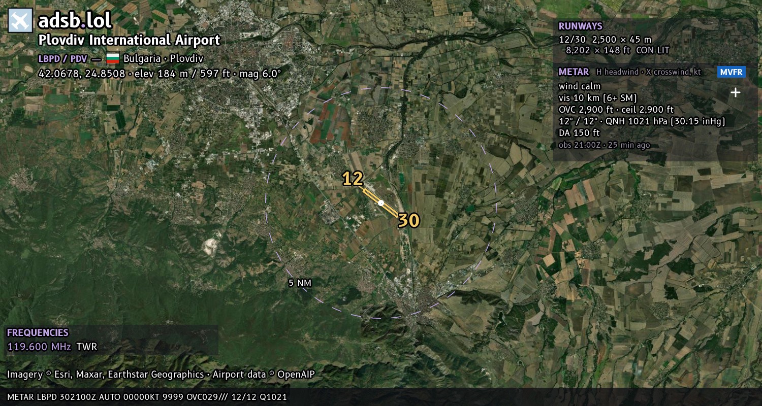 Satellite map with the runway layout of Plovdiv International Airport (LBPD)