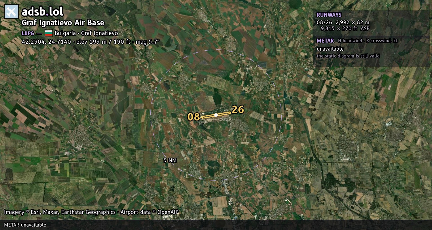 Satellite map with the runway layout of Graf Ignatievo Air Base (LBPG)