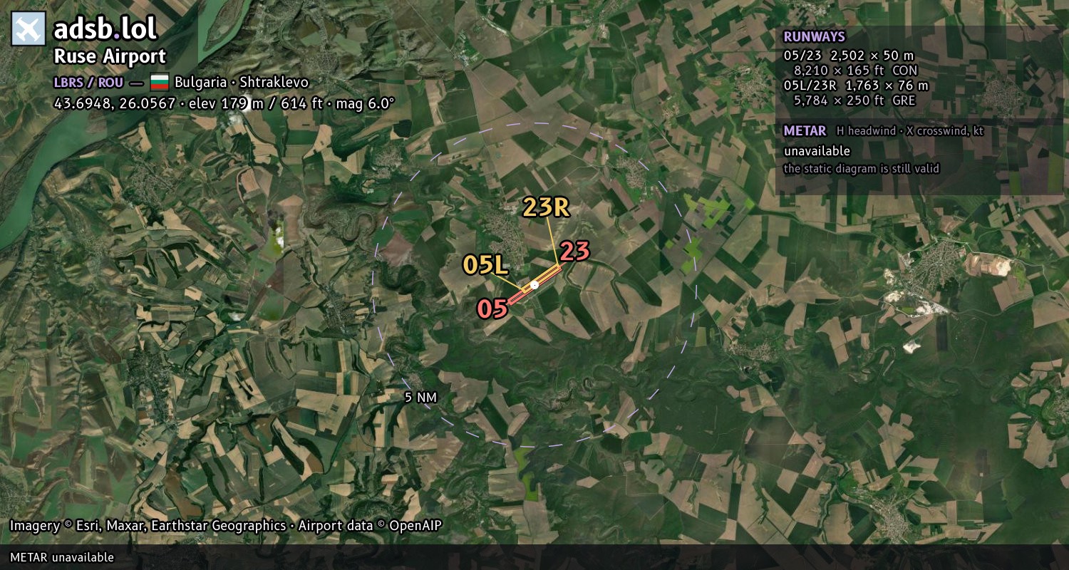 Satellite map with the runway layout of Ruse Airport (LBRS)
