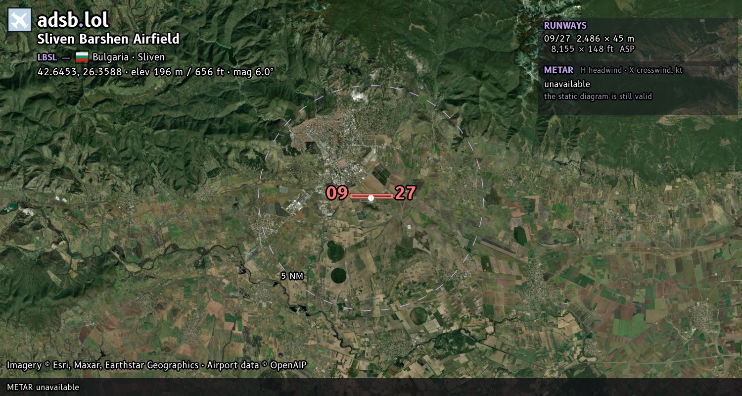 Satellite map with the runway layout of Sliven Barshen Airfield (LBSL)