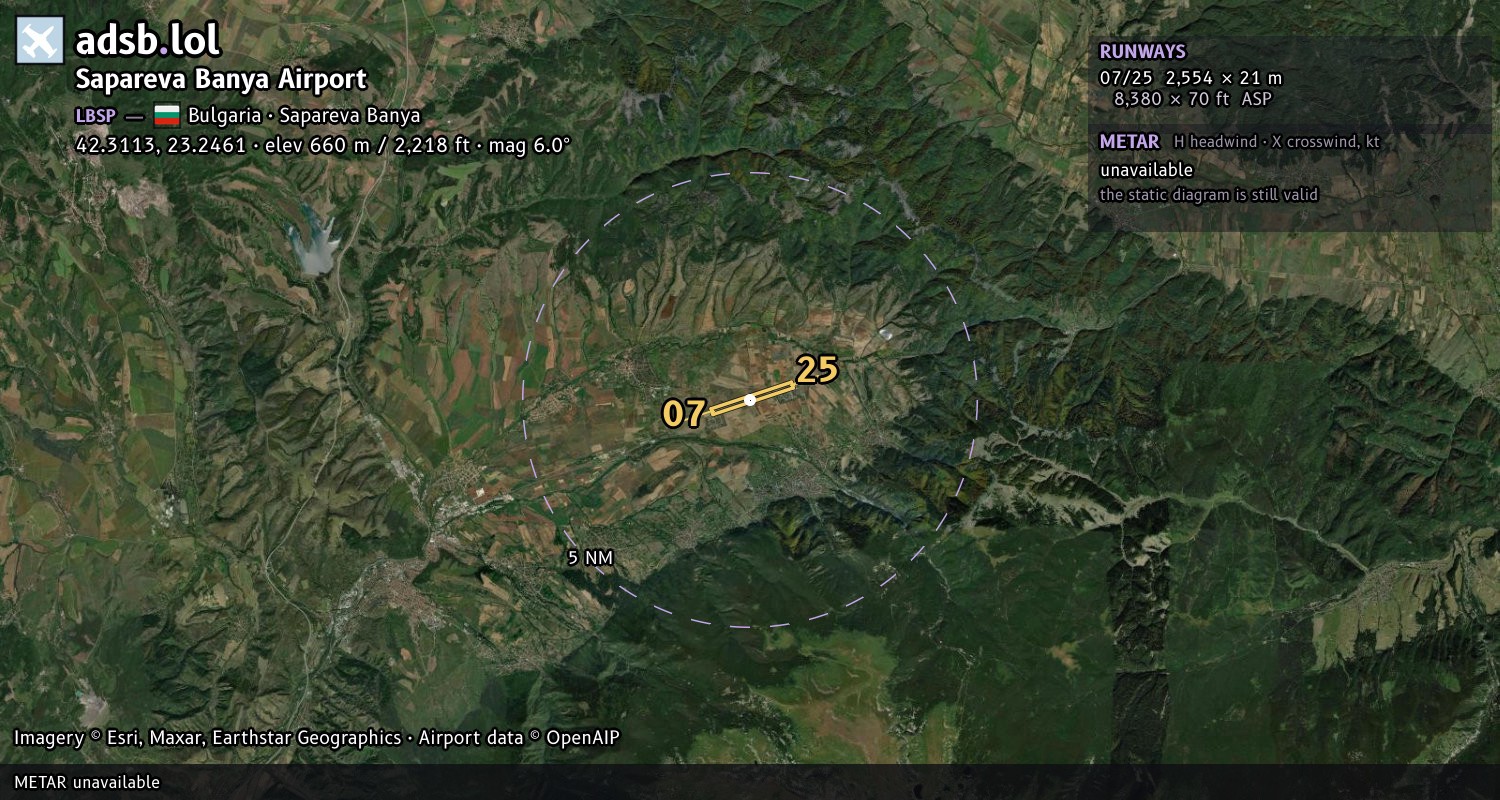 Satellite map with the runway layout of Sapareva Banya Airport (LBSP)