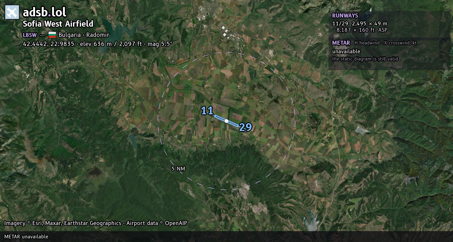 Satellite map with the runway layout of Sofia West Airfield (LBSW)