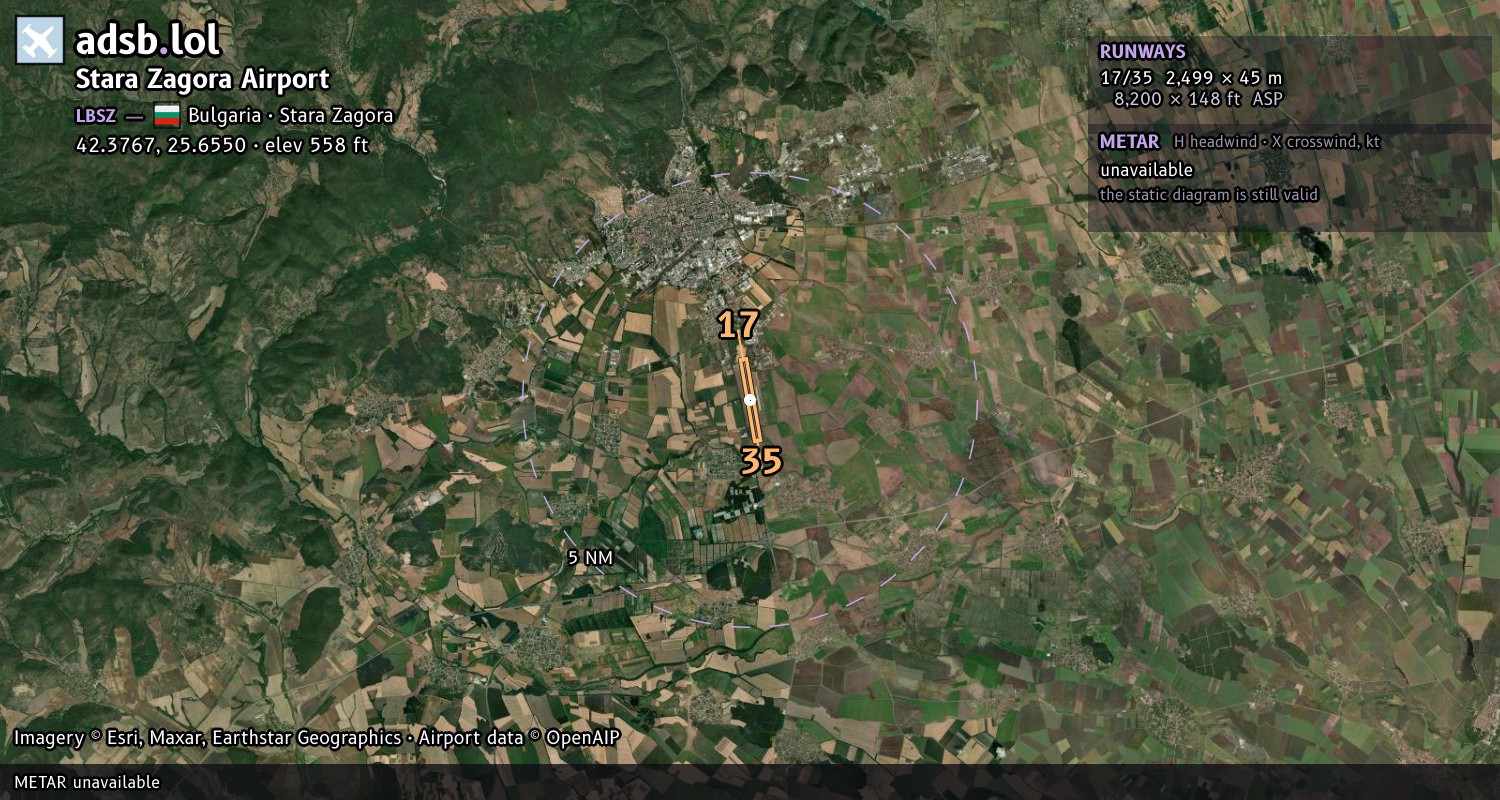 Satellite map with the runway layout of Stara Zagora Airport (LBSZ)