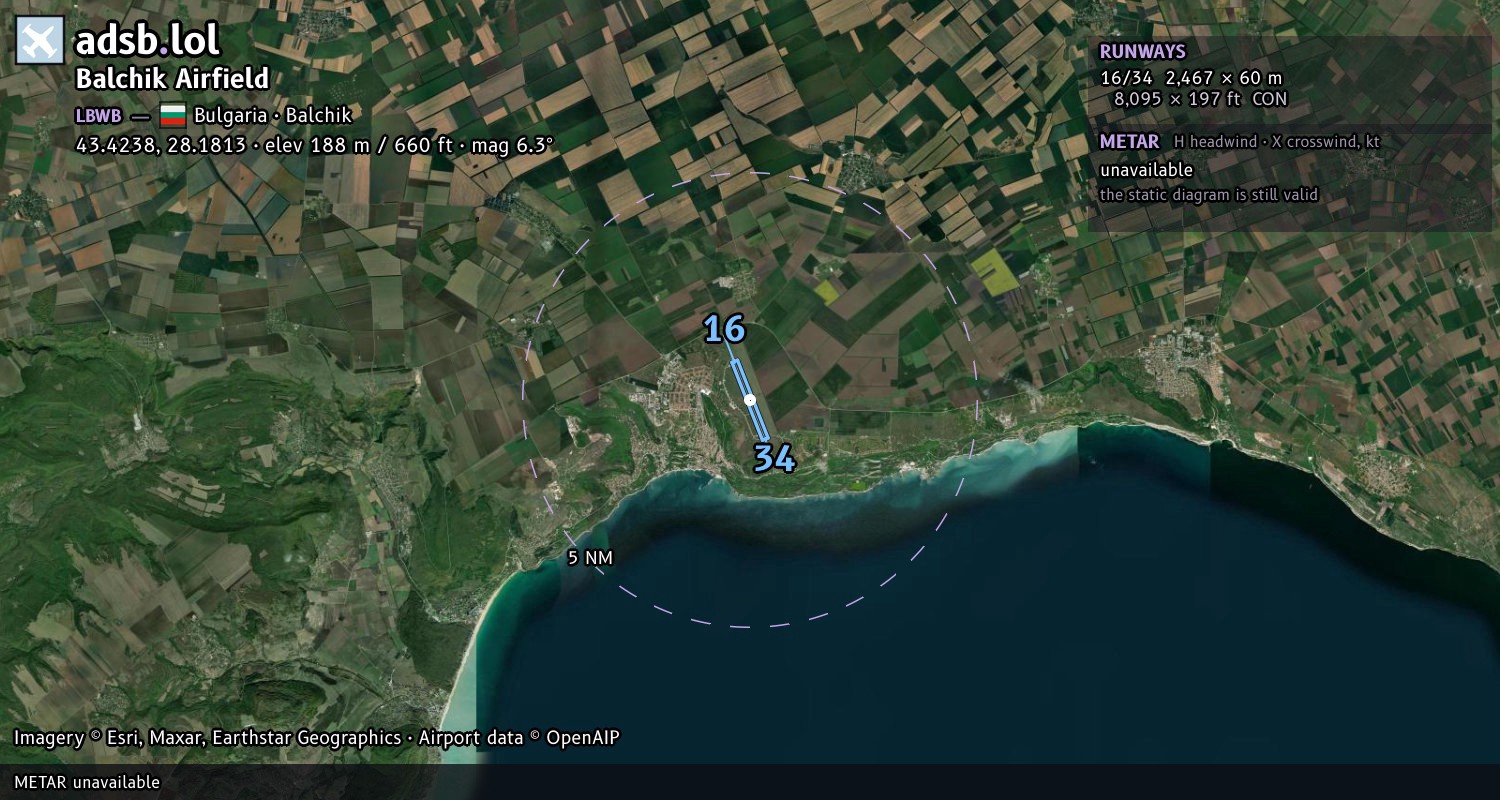 Satellite map with the runway layout of Balchik Airfield (LBWB)