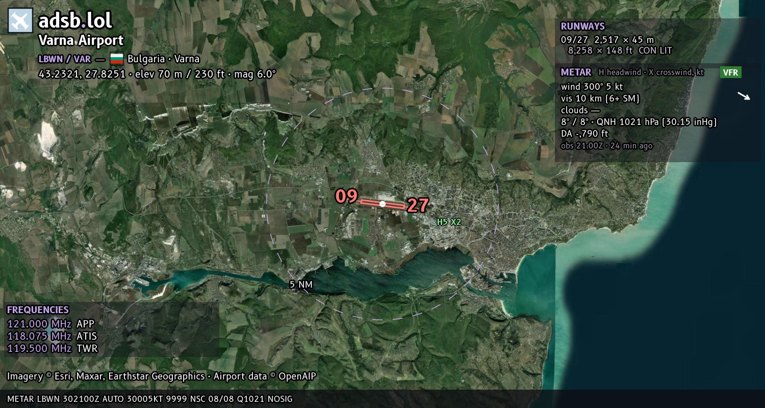 Satellite map with the runway layout of Varna Airport (LBWN)