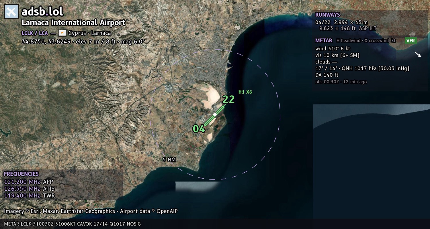 Satellite map with the runway layout of Larnaca International Airport (LCLK)