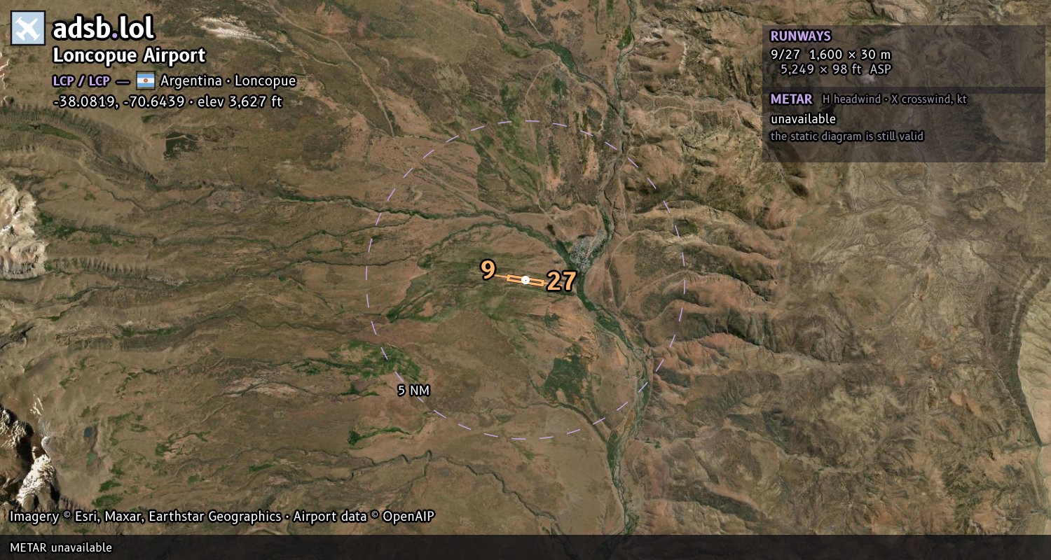 Satellite map with the runway layout of Loncopue Airport (LCP)