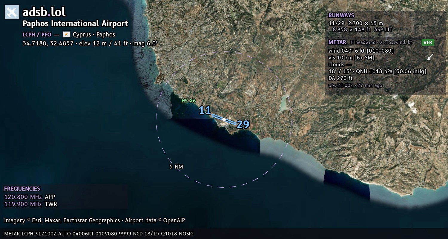 Satellite map with the runway layout of Paphos International Airport (LCPH)