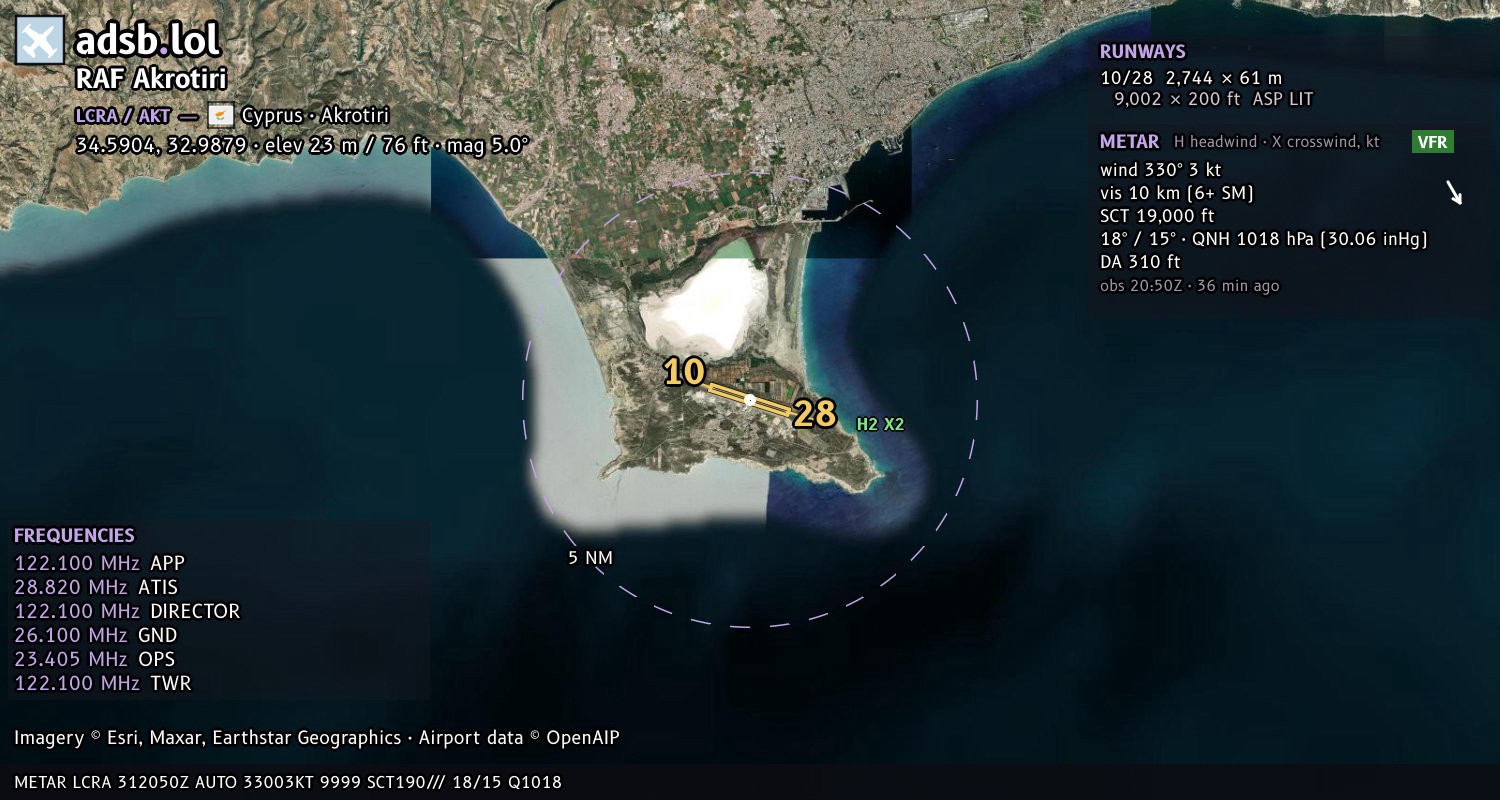 Satellite map with the runway layout of RAF Akrotiri (LCRA)