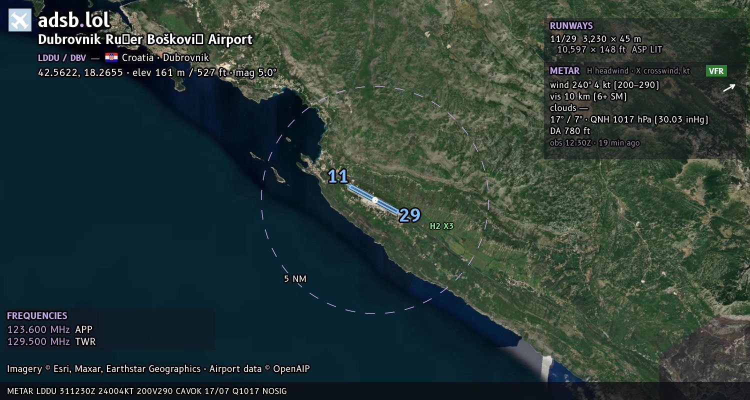 Satellite map with the runway layout of Dubrovnik Ruđer Bošković Airport (LDDU)