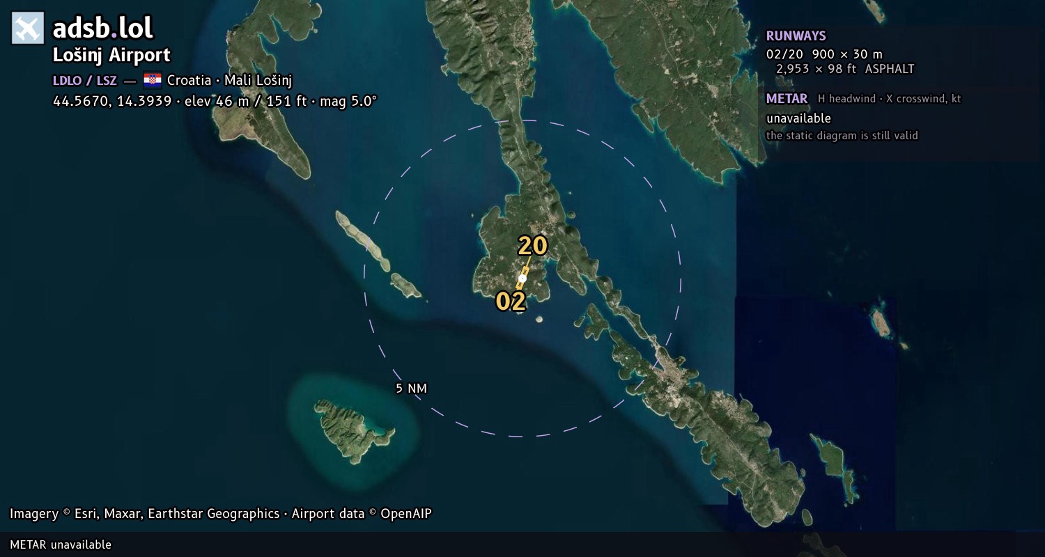 Satellite map with the runway layout of Lošinj Airport (LDLO)