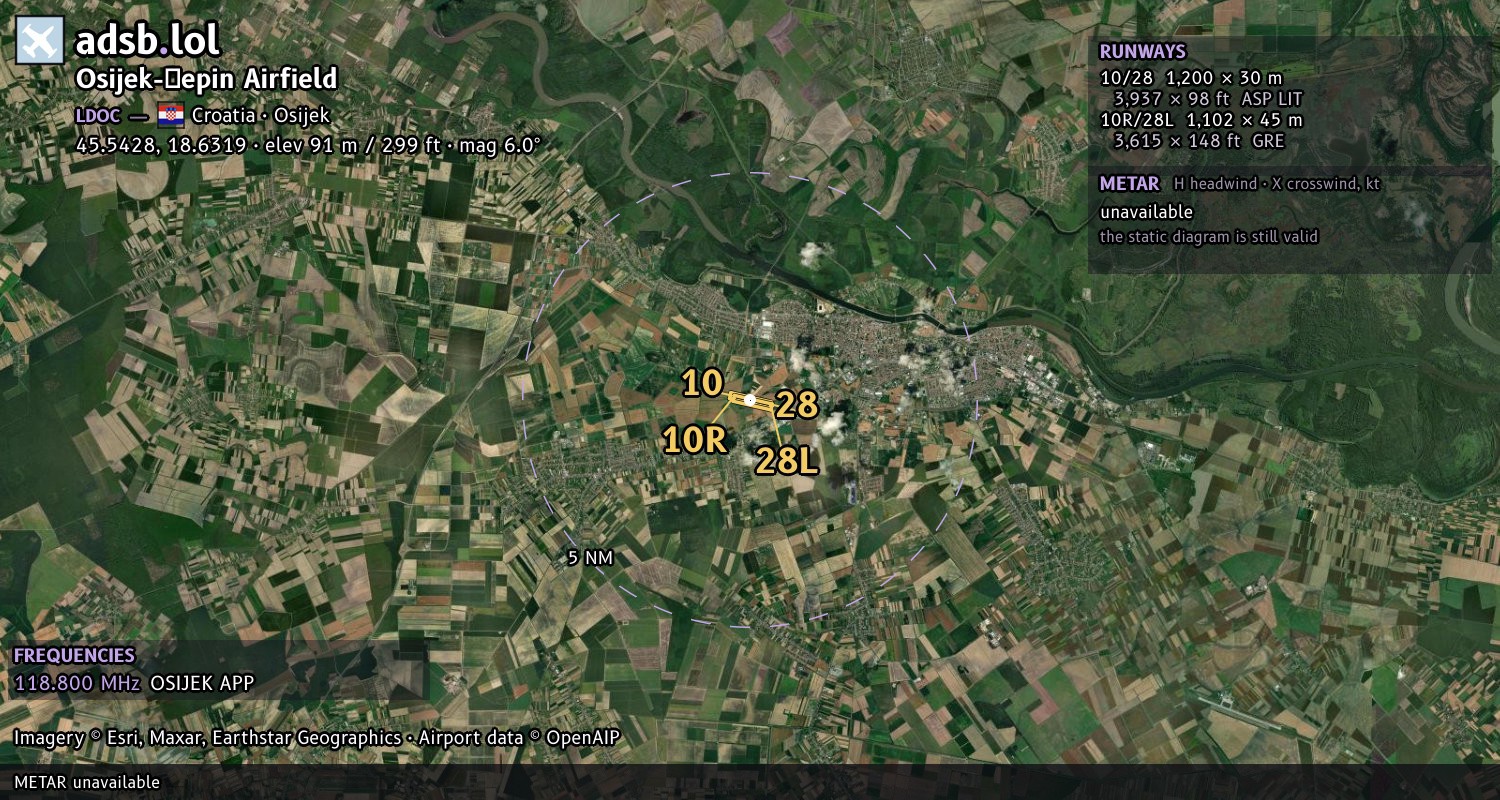 Satellite map with the runway layout of Osijek-Čepin Airfield (LDOC)
