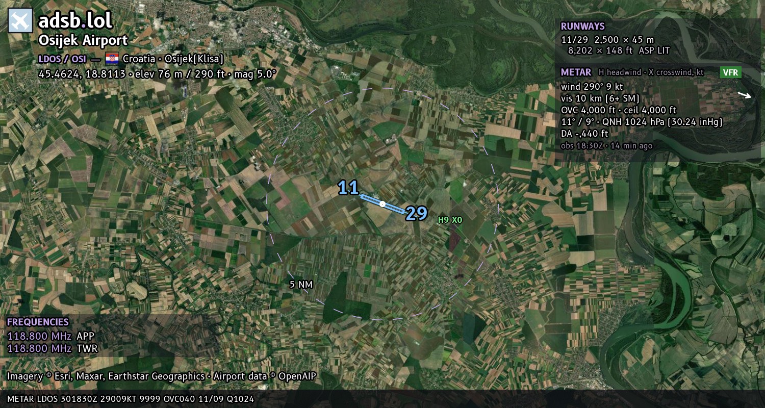 Satellite map with the runway layout of Osijek Airport (LDOS)