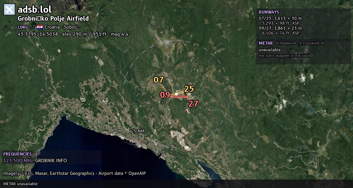 Satellite map with the runway layout of Grobničko Polje Airfield (LDRG)
