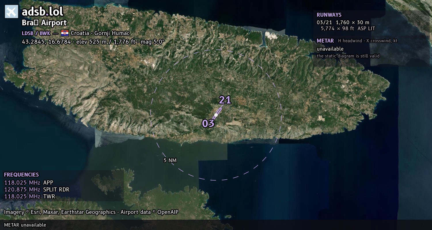 Satellite map with the runway layout of Brač Airport (LDSB)