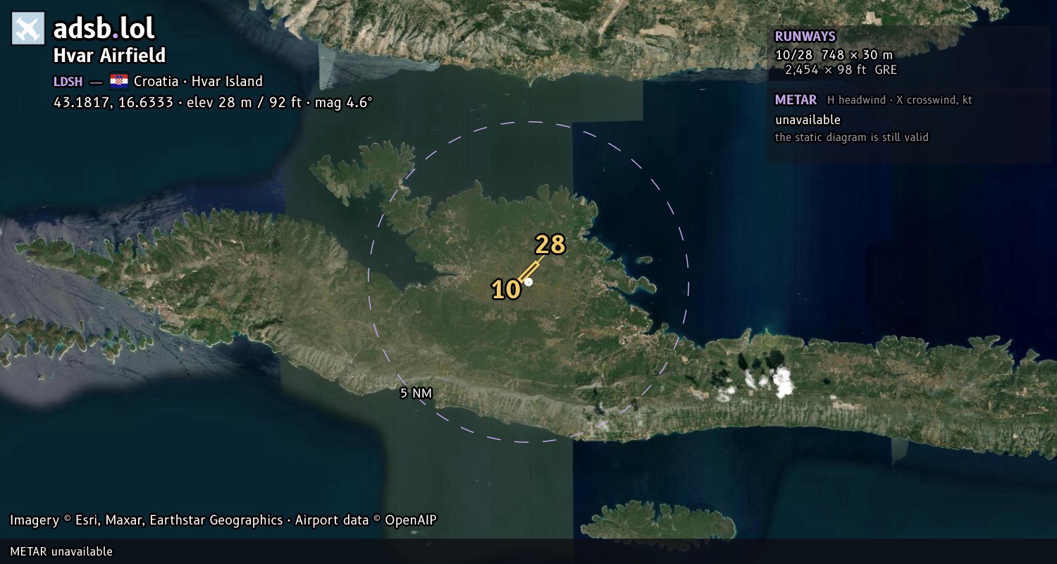 Satellite map with the runway layout of Hvar Airfield (LDSH)