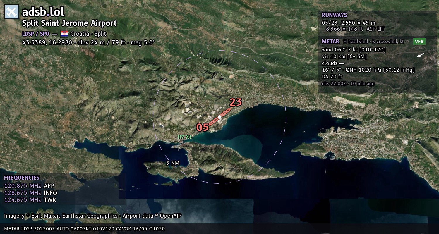 Satellite map with the runway layout of Split Saint Jerome Airport (LDSP)