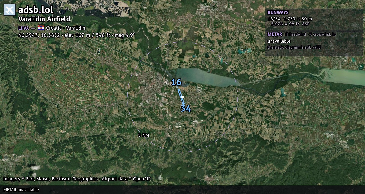Satellite map with the runway layout of Varaždin Airfield (LDVA)