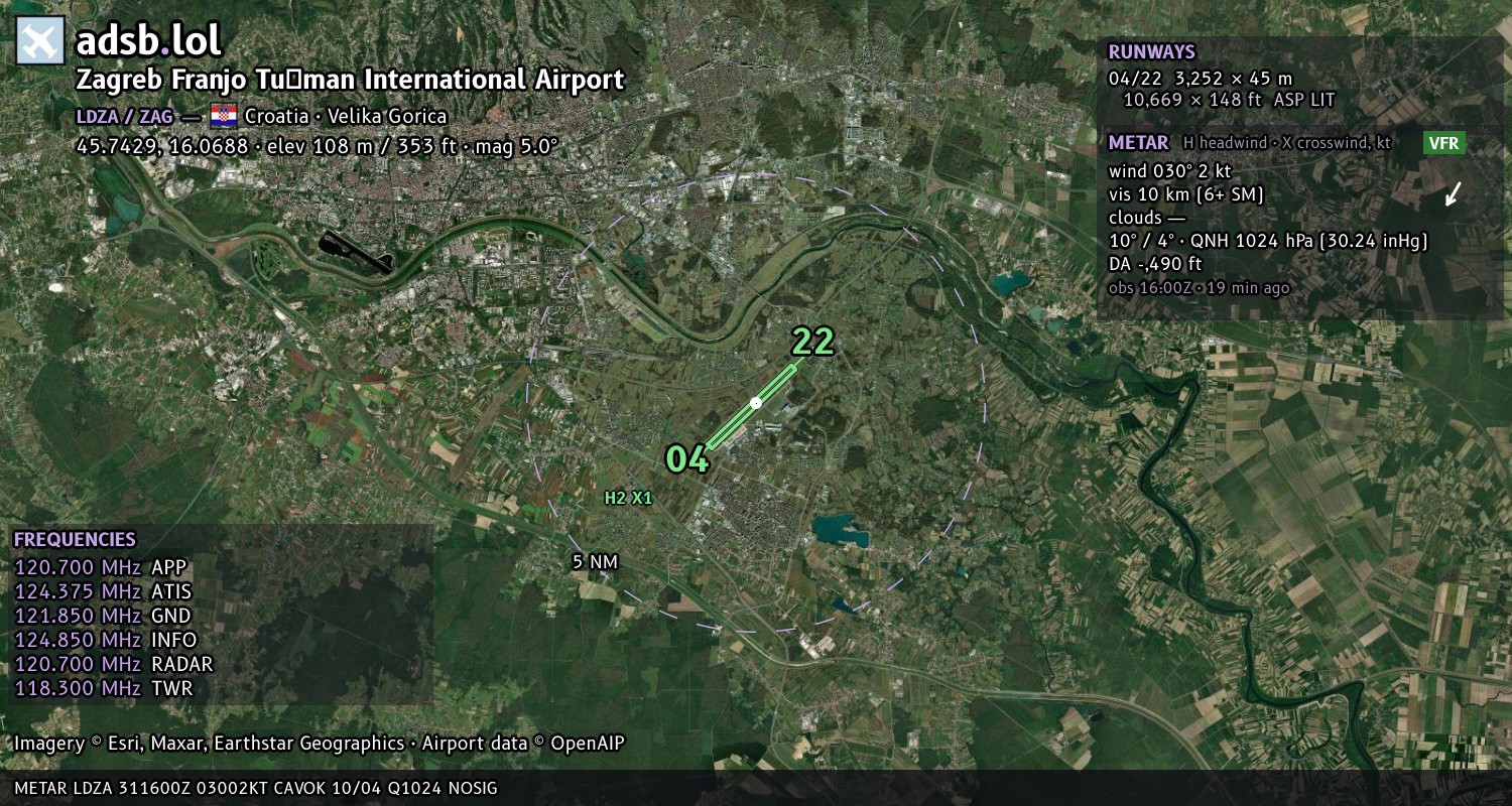 Satellite map with the runway layout of Zagreb Franjo Tuđman International Airport (LDZA)