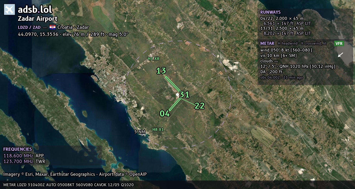 Satellite map with the runway layout of Zadar Airport (LDZD)